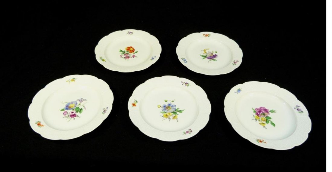 5 MEISSEN PORCELAIN BASKET WEAVE SALAD PLATES: Five antique Meissen hand painted floral 'Basket Weave' salad or dessert plates. Each bears crossed swords marks to bottom. Late 18th/19th century. Each measures approx. 8 3/8" diameter (21.2cm). Tota