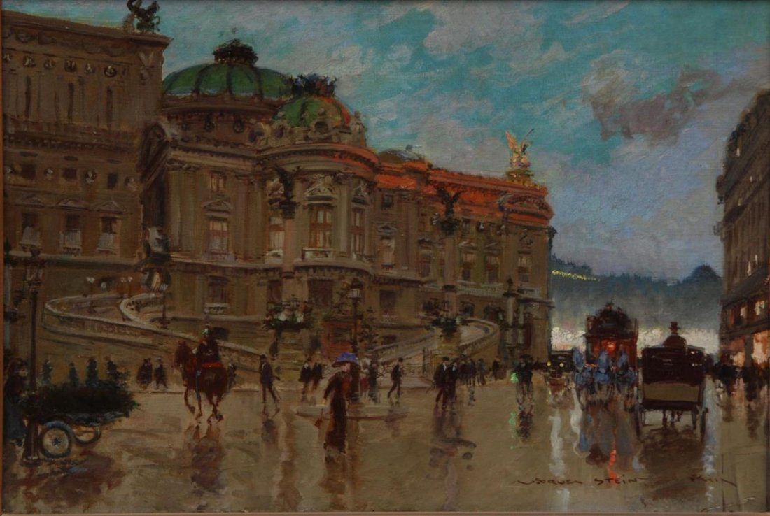 GEORGES STEIN OIL ON CANVAS GARNIER OPERA HOUSE: Georges Stein (FRENCH, 1870-1930) oil painting on canvas depicting the 'Garnier Opera House at Dusk'. Signed to lower right. Mounted in old wooden frame. Measures 15 1/2" height x 21 1/4" width + 5 fr
