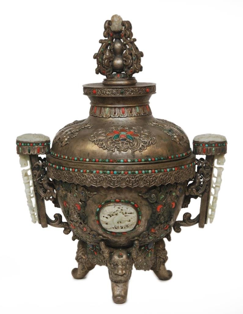 MONGOLIAN HIGHLY EMBELLISHED SILVER & JADE BURNER: A Mongolian silver and mutlistone incense burner. The first thing to be noticed is the fully reticulated scepter form handles set of a white to pale green jade depicting Chih Lung dragons, tops of lin