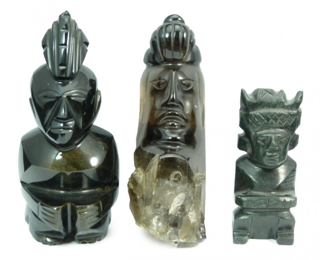 LOT OF THREE MYAN CARVINGS QUARTZ, JADE, OBSIDIAN: A lot of three Mayan figures carved in smoky quartz, jade and obsidian. Tallest piece approx. 4 1/4" height (10.7cm). Total weight of 458 grams.