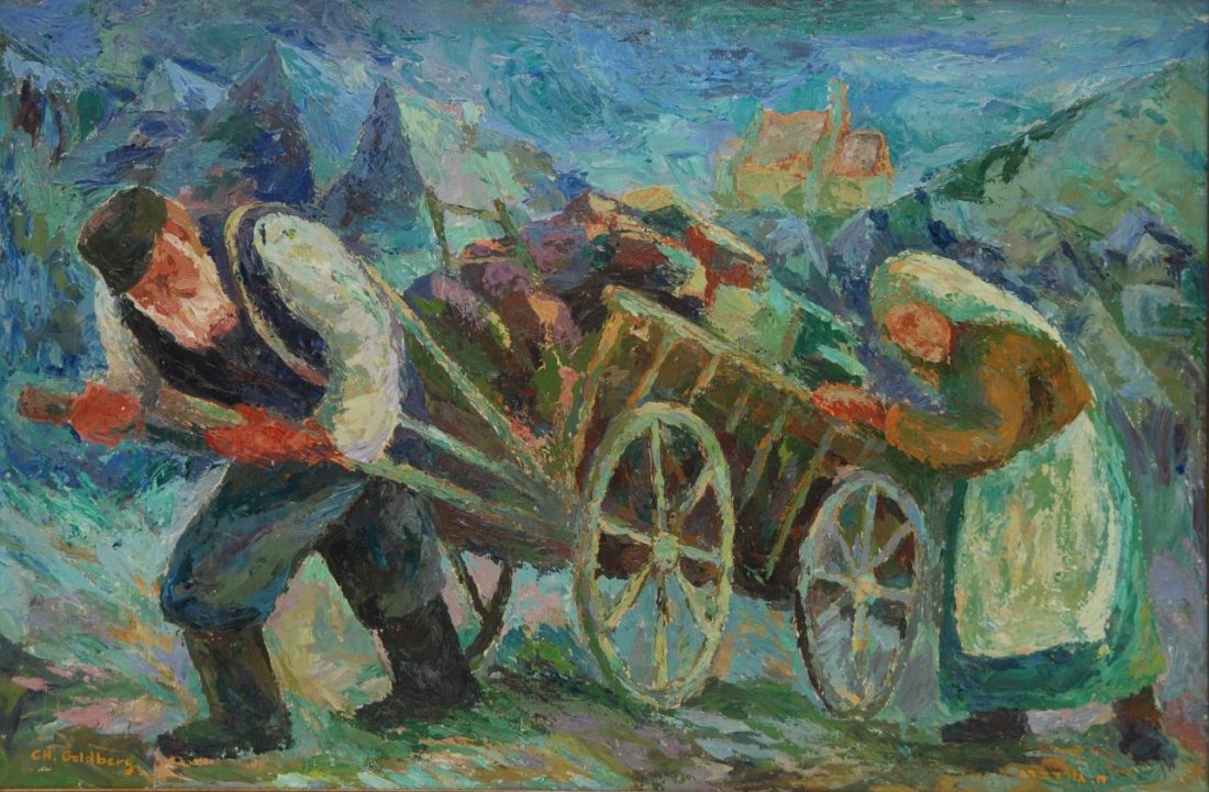 CHAIM GOLDBERG ORIGINAL 'UNTITLED' OIL ON CANVAS: Chaïm Goldberg (POLISH, 1917-2004) original oil painting on canvas depicting an old man with white beard wearing a short brimmed cap pulling a wooden wagon laden with his family's possessions. Signed