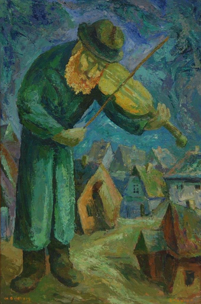 CHAIM GOLDBERG ORIGINAL 'SOUND OF HAPPINESS' OIL: Chaïm Goldberg (POLISH, 1917-2004) original oil painting on canvas depicting a fiddler. Signed in Hebrew to lower right and in Arabic to lower left. Titled 'Sound of Happiness'. Measures 30" height x