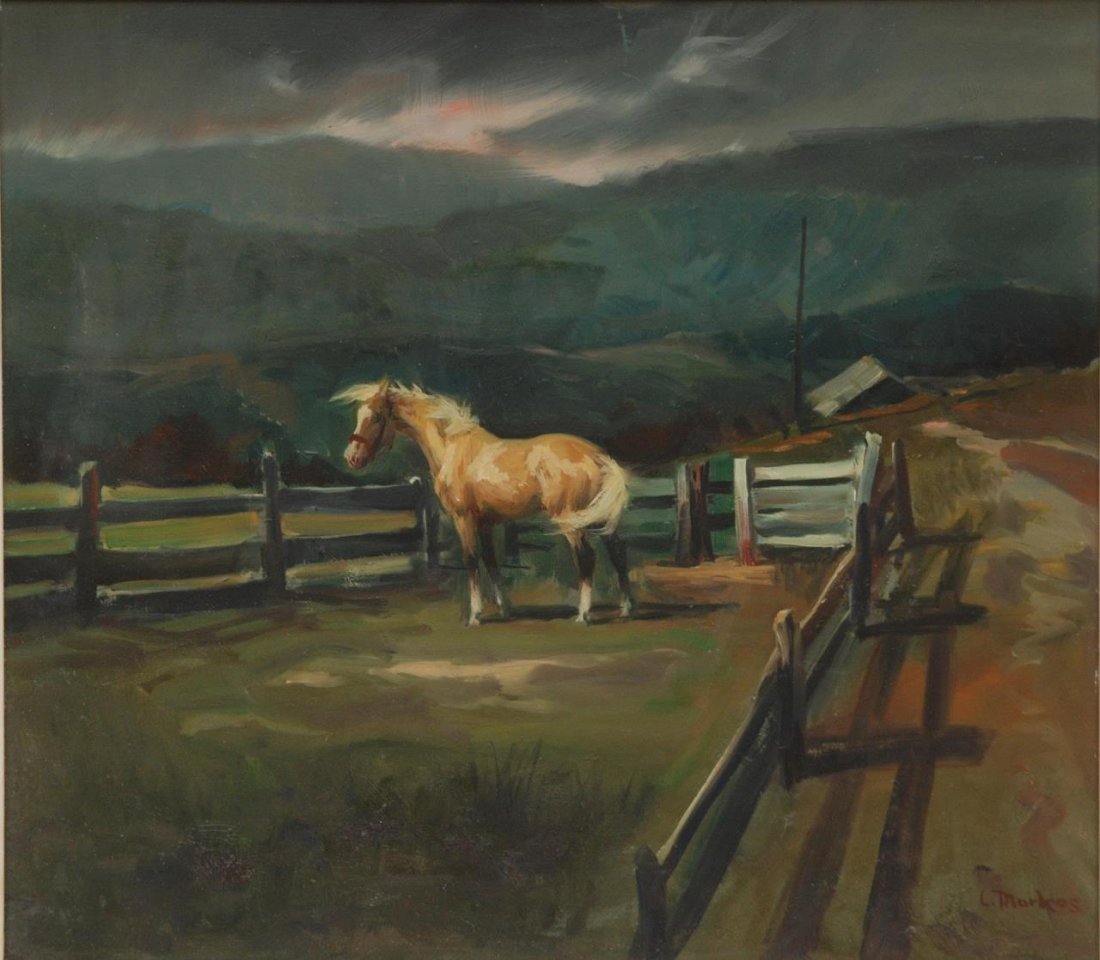 OIL PAINTING ON MASONITE OF HORSES AFTER L. MARKOS: Oil painting on masonite board depicting a horse in a corral scene with gray skies. Signed 'L. Markos' to lower right. Attributed to Lajos Markos (AMERICAN/HUNGARIAN, 1917-1993). Mounted in wooden fra