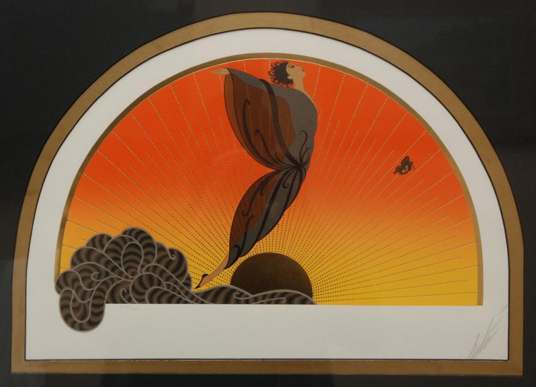 ERTE 'SUNRISE' SERIGRAPH SIGNED 209/300: Erté Romain de Tirtoff (RUSSIAN/FRENCH, 1892 - 1990) color serigraph depicting a woman floating in the sky with a butterfly and clouds. Sun can be seen glimmering in the background. Titled 'Sunrise'.