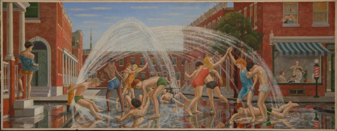 JAMES BONELLI 'CITY BATHERS' TEMPERA ON PANEL: James P. Bonelli (AMERICAN, 1916 - 2000) very large egg tempura painting on panel depicting a Philadelphia street scene with kids playing in the water spraying from a fire hydrant. Titled 'City Bather