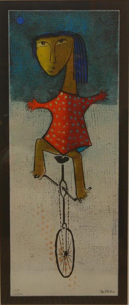 ANGEL BOTELLO ARTIST PROOF LITHOGRAPH 2/10: Angel Botello (PUERTO RICAN, 1913-1986) artist proof color lithograph depicting a girl on a unicycle. N4 to blue circle upper left. Executed circa 1986. Signed to lower right and numbered A/P 2/10 to