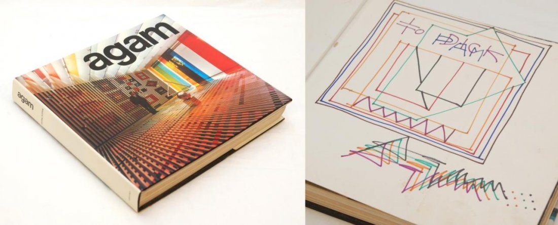 YAACOV AGAM 'AGAM' BOOK WITH HAND DRAWN SKETCH: 'Agam' book by Frank Popper, 1976 with hand drawn sketch dedicated to Dick & Pam and signed by Agam in multicolor marker. Measures 11" height x 12" width x 1 5/8" depth (27.9cm x 30.5cm x 4.1cm). Tota