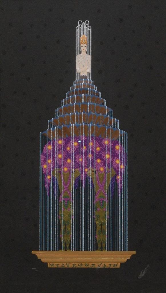 ERTE 'PERFUME' SERIGRAPH IN FRAME 38/150: Erté Romain de Tirtoff (RUSSIAN/FRENCH, 1892 - 1990) color serigraph depicting a woman atop a fountain with flowing water as two men draped in grape clusters suspend the fountain. Titled 'Perfume'. S