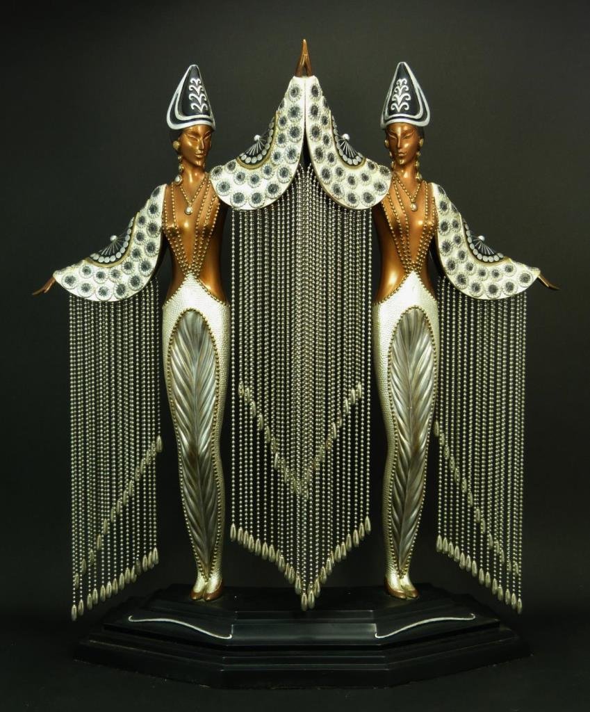 ERTE 'LES BIJOUX PERLES' BRONZE SCULPTURE 126/500: Erté Romain de Tirtoff (RUSSIAN/FRENCH, 1892–1990) cold painted bronze sculpture titled 'Les Bijoux Perles'. Numbered 126/500 to base and dated 1990. Also marked with 'SEVEN ARTS LTD. LONDON' found