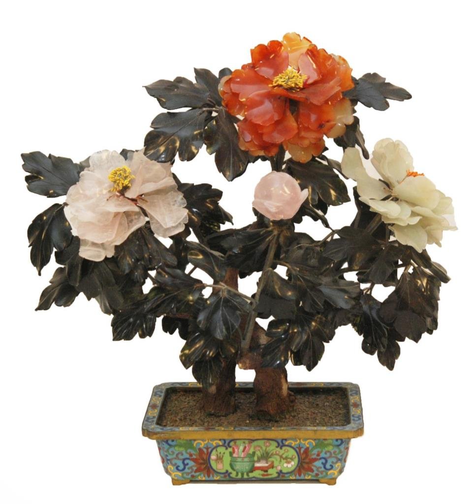 CHINESE CLOISONNE MOUNTED JADE & STONE LEAF TREE: A Chinese figural tree mounted in cloisonne enameled bronze base. Tree constructed of spinach jade, pale green jade, carnelian, rock crystal and rose quartz leaves. Republic period or earlier. Measure