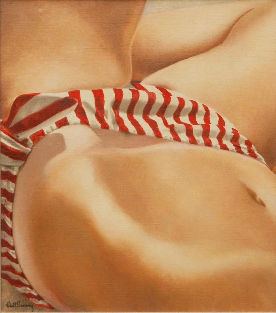 ROBERT SARSONY 'BIKINI' OIL ON CANVAS 1975: Robert Sarsony (AMERICAN, 1938 - ) oil painting on canvas titled 'Bikini'. Executed in 1975. Signed to lower left. Mounted in gold painted wooden frame. Measures 18" height x 16" width + 3 3/4" frame 