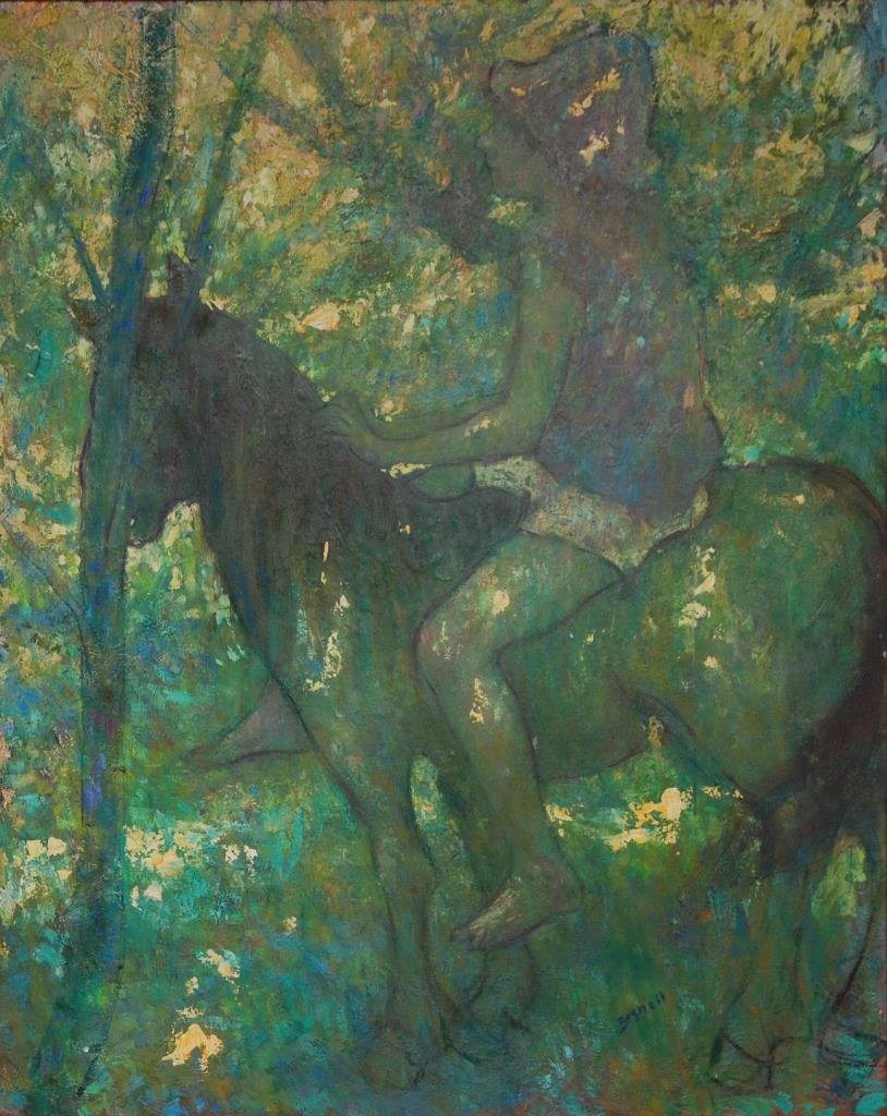 STEPHEN BAGNELL 'THROUGH THE WOODS' OIL/PANEL 1977: Stephen Bagnell (AMERICAN, 1930 - 1996) oil painting on panel titled 'Through the Woods' depicting a young girl on horseback. Signed lower right. Titled and dated 1977 on verso. Measures 59 1/2" heigh
