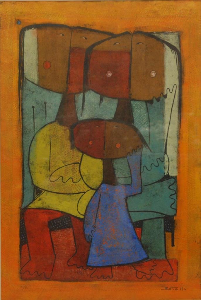 ANGEL BOTELLO ORIGINAL LINOCUT 'I' FAMILY 34/50: Angel Botello (PUERTO RICAN, 1913-1986) original linocut "I" depicting a seated child Numbered 34/50 to lower left. Signed Botello to lower right. Measures 36" height x 24" width + 4 3/4" mat & frame