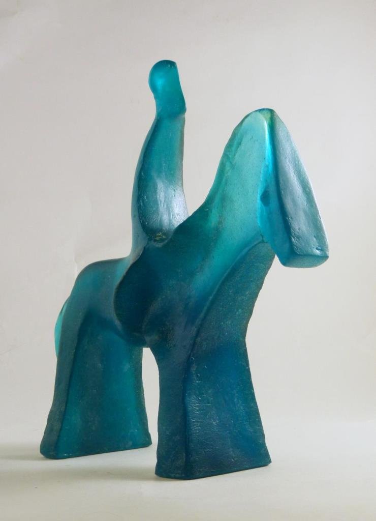 DAUM CLAUDE WETZSTEIN "PARSIFAL" PATE DE VERRE: Claude Wetzstein (1920) for Daum 'Parsifal' Pate de Verre blue art glass sculpture. Raised 'C. WETZSTEIN' artist signature to rear of foot. Also Marked DAUM in lozenge and numbered 38/75. Measures 10