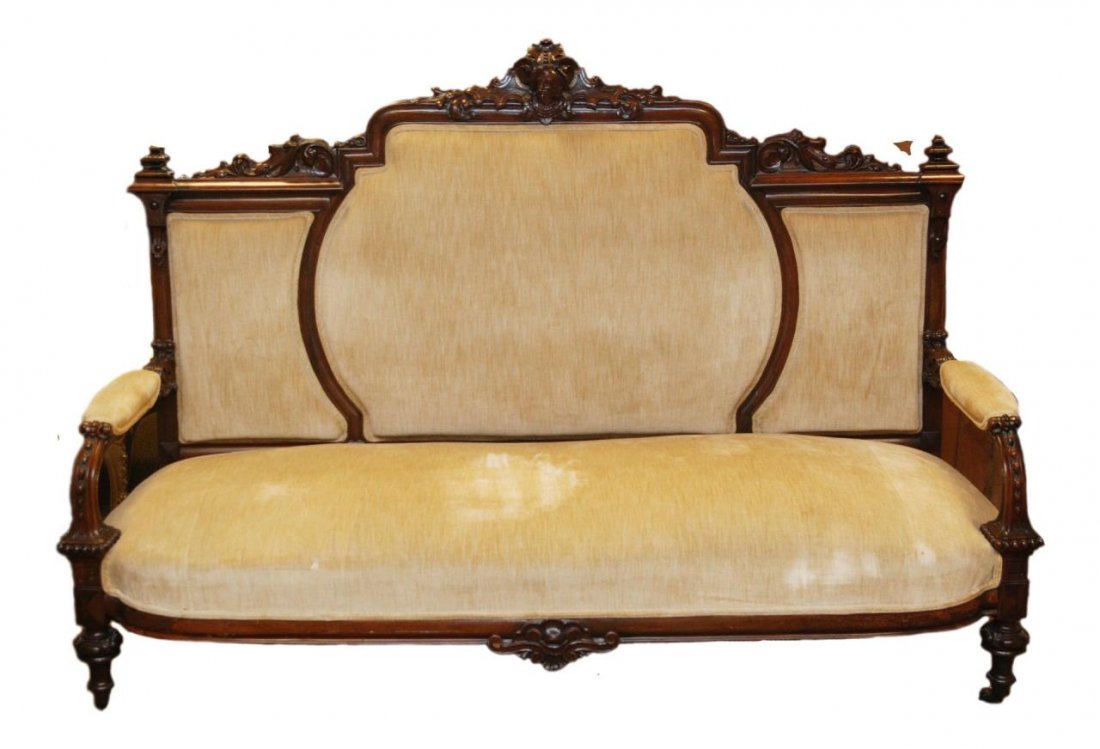ANTIQUE CARVED WOODEN FRAME UPHOLSTERED SOFA