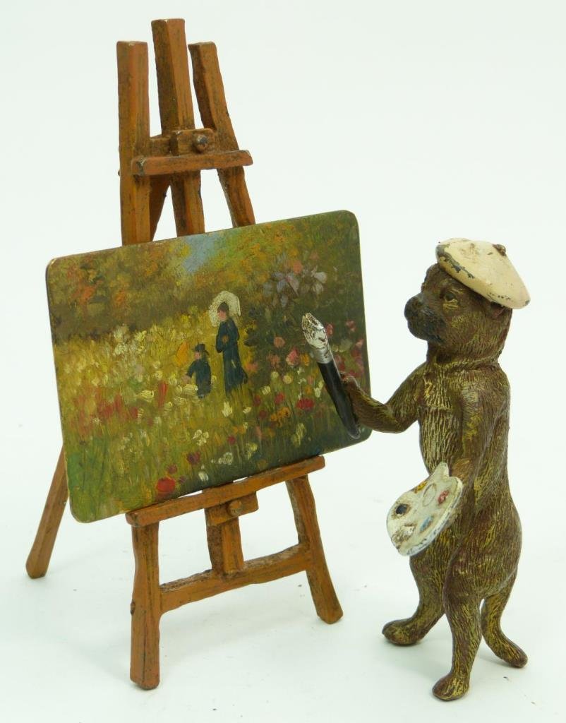 VIENNA STYLE COLD PAINTED DOG ARTIST BRONZE: cold painted bronze monkey in the style of Vienna bronze, stands 3 1/2" ( 7.62cm) comes with bronze easel and painted metal plate. dog is wearing a French berret, and holding a brush and pallet. total