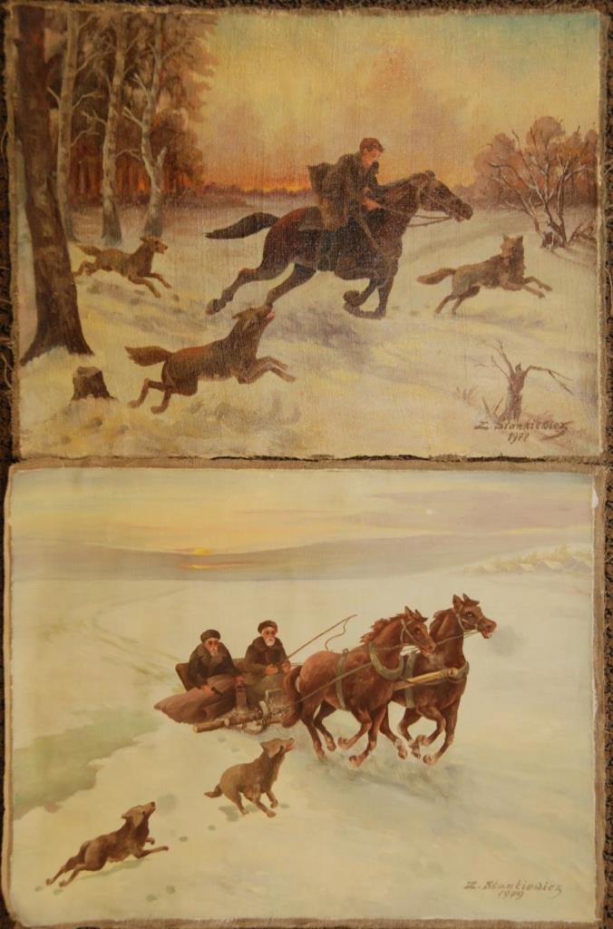 2 Z STANKIEWICZ OIL PAINTINGS ON CANVAS OF CHASES: A lot of two unframed Polish oil paintings on canvases depicting winter wolf chase scenes, one of a boy fleeing on horse as the wolves attempt to surround him, the the next of Kossacks seated on a hor