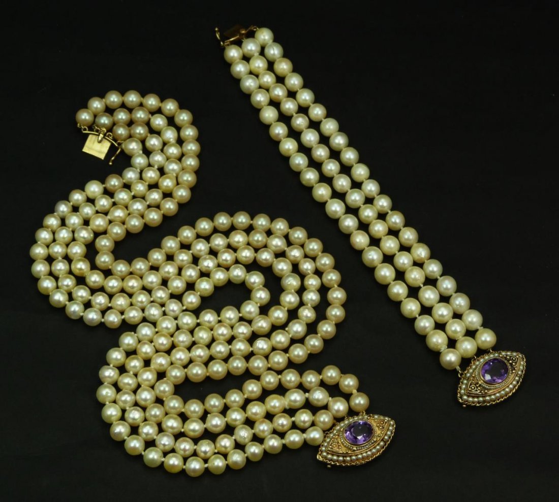 ANTIQUE 14K PEARL NECKLACE, CHOKER & CUFF BRACELET: Antique 14kt pearl choker and cuff bracelet suite. Each having 14k yellow gold clasp holding center amethyst and pearl beads. Bracelet with three strands and choker with 4. Bracelet measures 8 1/4" le