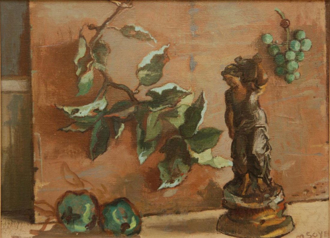 MOSES SOYER OIL ON CANVAS OF STILL LIFE: MOSES SOYER OIL ON CANVAS OF STILL LIFE Moses Soyer 1899-1974 Russian/American oil on canvas of a still life from his dark period. Signed lower right M Soyer. Painting measures 11" tall x 14" (27.94cm
