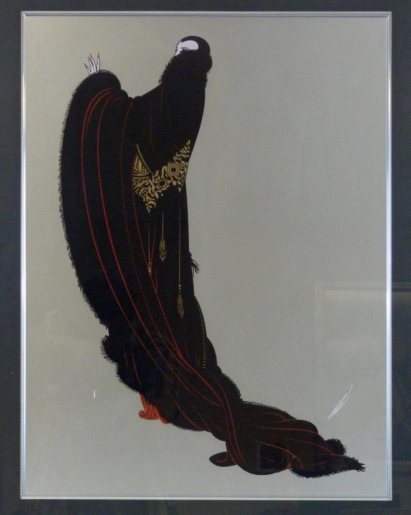 ERTE COLOR SERIGRAPH ON PAPER 'SOIREE' FRAMED: ROMAIN DE TIRTOFF ERTE (Russian Federation 1892-1990) Color serigraph on silvered paper titled 'Soiree'. Depicts a woman in a long black coat. Signed in print lower right 'Erte'. Mounted in silver ton