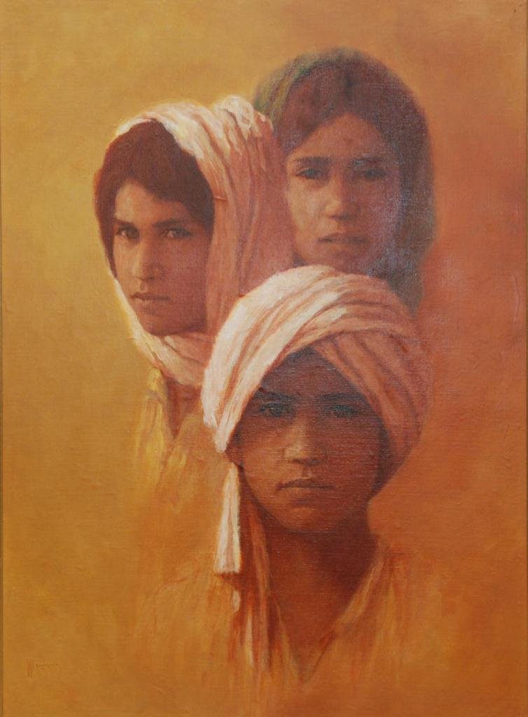 WILLIAM WEINTRAUB OIL ON MASONITE PORTRAIT: William Weintraub (AMERICAN, 20th Century) original oil painting on masonite board depicting three young people wearing headdress. Signed to lower left. Mounted in wooden frame with matting. Measures
