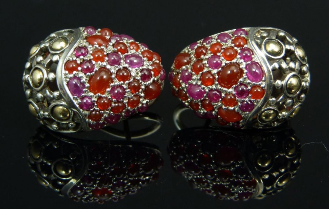 PR JOHN HARDY 18KT & 925 STERLING EARRINGS: PR JOHN HARDY 18KT & 925 STERLING EARRINGS Earrings consisting of red stones mounted on sterling by one of the leading jewelry designers John Hardy. Total weight 12.5g