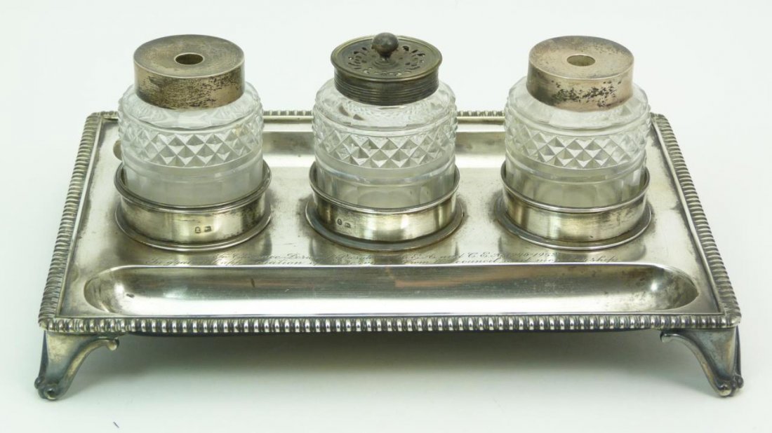 STERLING SILVER & CRYSTAL INKWELL FOR C. DERWENT: PRESENTATION STERLING SILVER & CRYSTAL INKWELL FOR CLARENCE DERWENT Clarence Derwent president of the art & entertainment 1946-1952 was presented this lovely inkwell in appreciation of his services. t