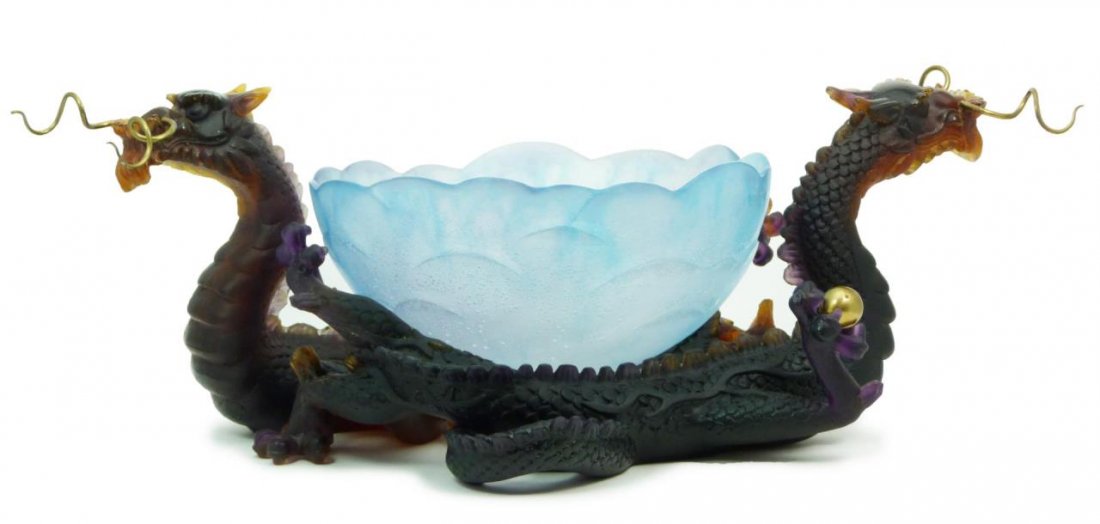 LRG DAUM PATE DE VERRE DRAGON & BOWL CENTER PIECE: LARGE DAUM PATE DE VERRE DRAGON & BOWL CENTER PIECE Huge piece of Daum France pate de verre consisting of (2) two intertwined dragons in hues of lavender and amber. Signed to base Daum France. Measure