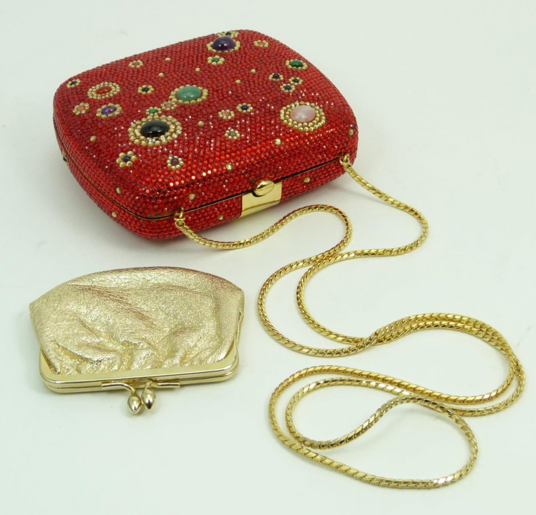 JUDITH LEIBER SWAROVSKI JEWELED MINAUDIERE: JUDITH LEIBER SWAROVSKI JEWELED MINAUDIERE Measures 5" wide x 4-1/2" tall (12.07cm) x (11.43cm) Has semi precious jewels in purse to include jade and carnelian. Total weight 479g. Comes with original