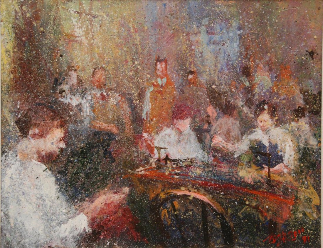 TED JASLOW 'HAND FINISHING' OIL ON MASONITE: Ted Jaslow (AMERICAN, 1934 - ) oil painting on masonite board depicting a poker game scene. Titled 'Hand Finishing' scene. Signed to lower right and dated '81 in red. Mounted in gold and brown painted