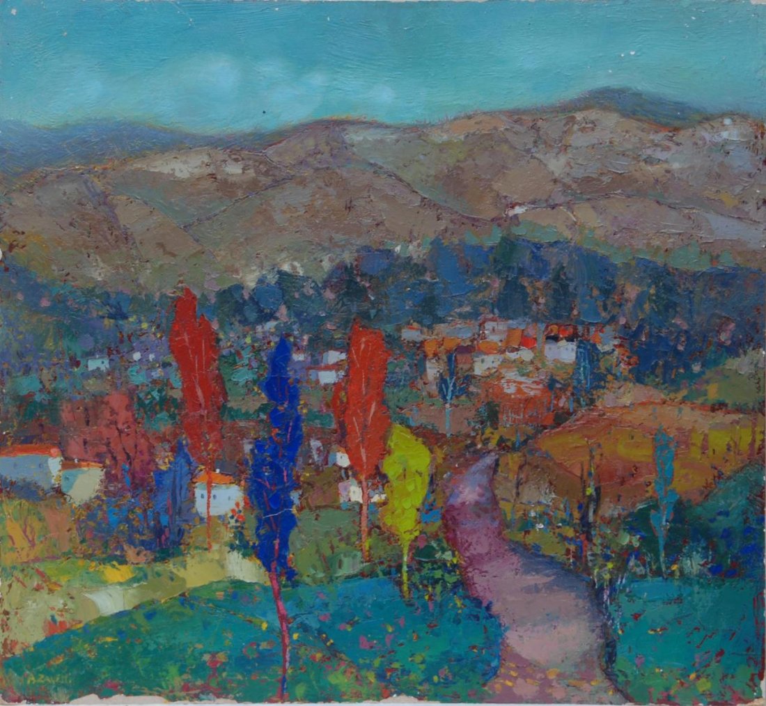 A. ZANETTI COTEMPORARY OIL ON BOARD LANDSCAPE: A. ZANETTI COTEMPORARY OIL ON BOARD LANDSCAPE Impressionist artist. Titled "dentro la collina" oil on board 24" x 25" (60.96cm x 64.77cm) depicting a village in the mountains in Italy. Signed lower, l