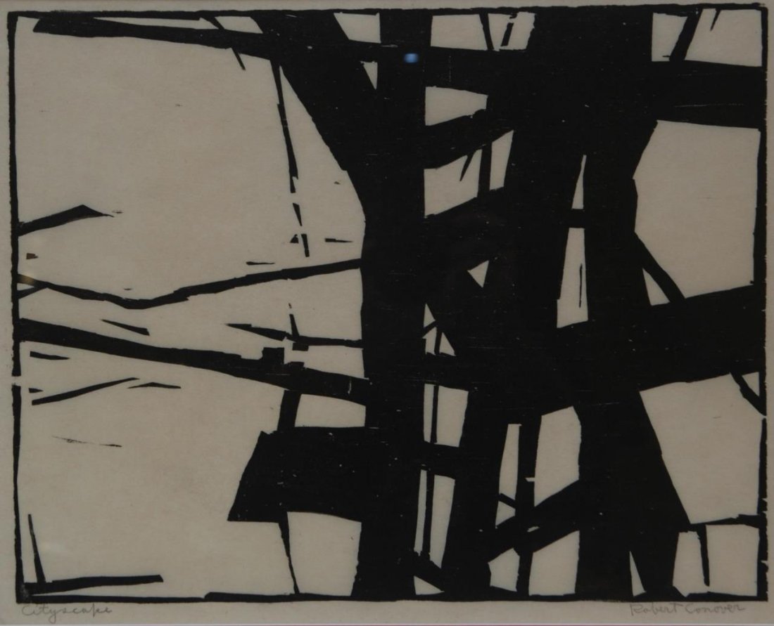 ROBERT CONOVER "CITYSCAPE" WOODBLOCK: ROBERT CONOVER "CITYSCAPE" WOODBLOCK Robert Fremont Conover 1920 - 1998. Early works during the 1950’s were geometric abstract paintings, with limited color. Signed lower right and titled lower left