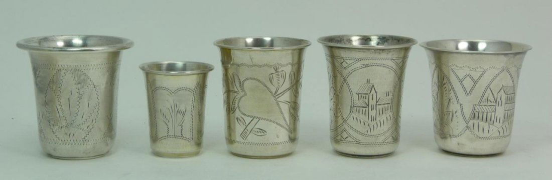 LARGE LOT OF 5 RUSSIAN ANTIQUE KIDDUSH CUPS: LARGE LOT OF 5 STERLING RUSSIAN ANTIQUE KIDDUSH CUPS...tallest being 3".(7.62cm) all signed 84 and or sterling, all antique..total weight 187gms