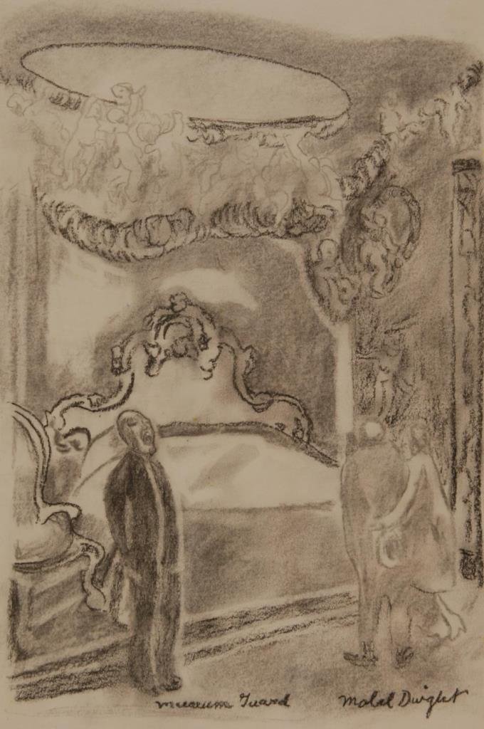 AMERICAN 1876-1955 MABEL DWIGHT PEN & INK DRAWING: AMERICAN 1876-1955 MABEL DWIGHT PEN & INK DRAWING. Noted pen & ink artist whose works brings into the many thousands of dollars. This pen & ink is titled "Museum Guard". Measures 18" tall x 10" wide (