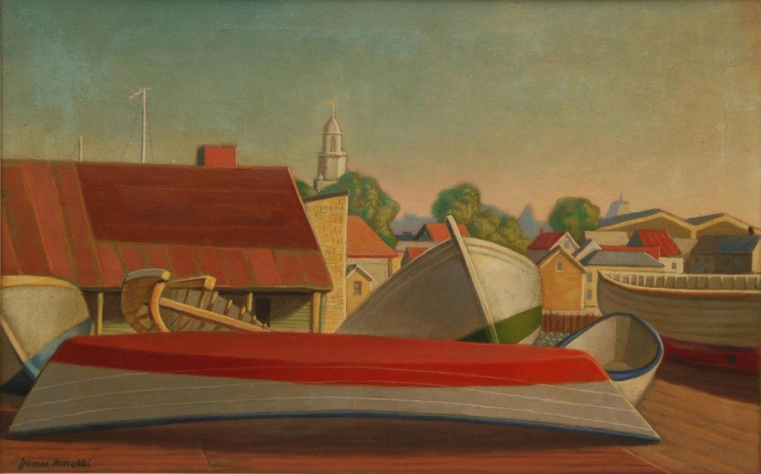 JAMES BONELLI "BOATS, GLOUCESTER, MA" OIL/CANVAS: JAMES BONELLI "BOATS, GLOUCESTER, MA" OIL ON CANVAS James P. Bonelli (American 1916 - 2000) a Philadelphia artist who painted scenes of the city and its neighborhoods. Depicting boats in a yard. Measu
