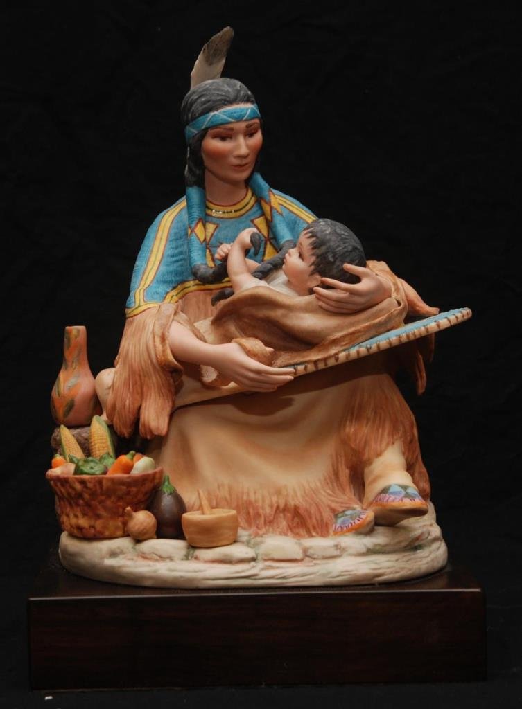 CYBIS BISQUE FIGURINE "SHOSHONE-SACAJAWEA": CYBIS BISQUE FIGURINE "SHOSHONE" Cybis Shoshone-Sacajawea Figurine. Measures 10-3/4" tall (27.30cm). Base 2" tall (5.08cm) x 8-1/2" wide (21.59cm). Signed to base. Total weight 2948.8g