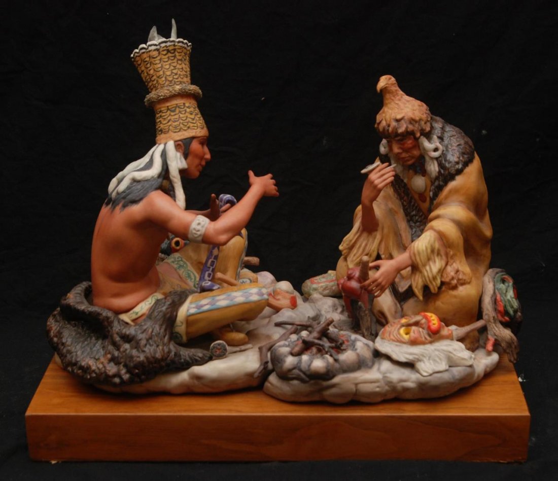 CYBIS BISQUE GROUP "IROQUOIS AT THE COUNCIL FIRE": CYBIS BISQUE GROUPING "IROQUOIS AT THE COUNCIL FIRE" Measures 14" tall (35.56cm). Base is 13" (33.02cm) x 16" (40.64cm). Total weight 5950g