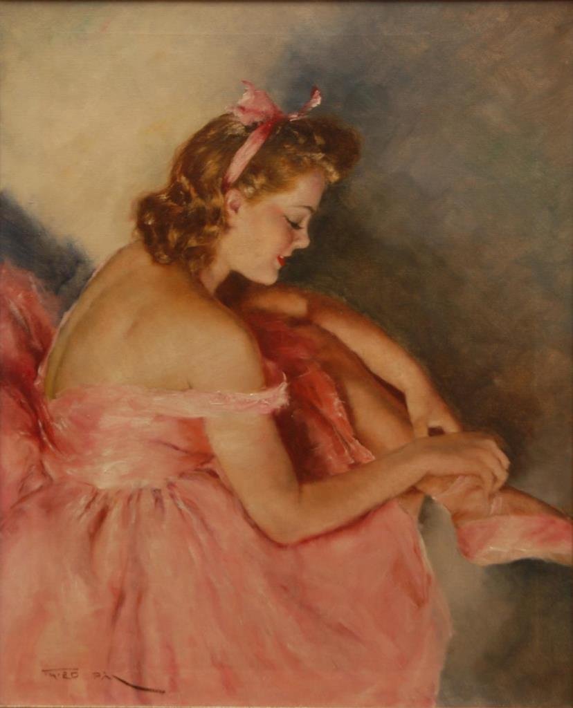 PAL FRIED HUNGARIAN/AMERICAN 1893-1976 O/C: PAL FRIED HUNGARIAN 1893-1976 OIL ON CANVAS Lovely oil on canvas painting of ballerina adjusting her shoes in pink dress and pink ribbon on her hair. Signed lower left by the multi listed Hungarian ar