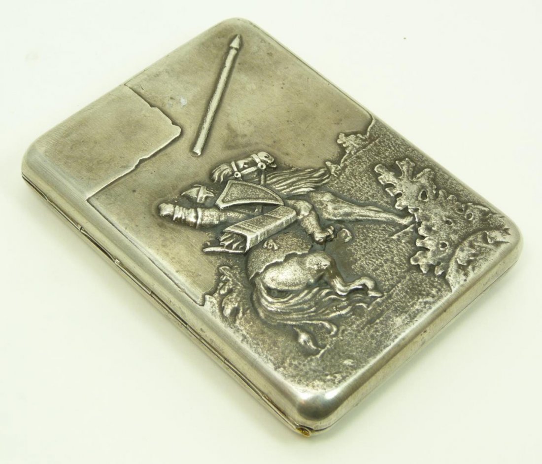 HEAVY VINTAGE RUSSIAN CIGARETTE CASE: HEAVY VINTAGE RUSSIAN CIGARETTE CASE Man on horseback w/ spear in flight. Stamped 84 for Russian silver. Amber clasp. Measures 4-1/2" long (11.43cm) x 3-1/4" wide (8.25cm). Total weight 239.5g