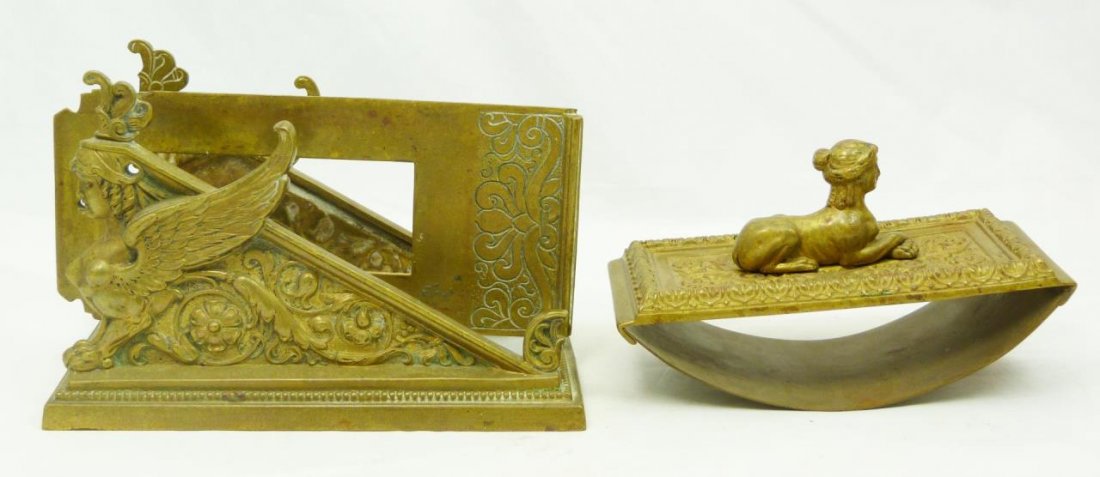 ARTS AND CRAFTS 2 PIECE DESK SET: ARTS AND CRAFTS 2 PIECE DESK SET arts and crafts rocker blotter, enameled in bronze, an Egyptian Sphinx motif with classical lady head, 5-1/2" (13.97cm) by 2-1/2" (6.35cm) and 3" tall (7.62cm). Letter