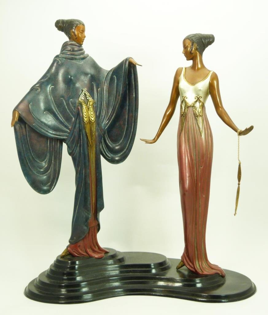 ERTE ART DECO BRONZE SCULPTURE "DREAM BIRDS": ERTE ART DECO BRONZE SCULPTURE "DREAM BIRDS" Depicting two women standing on a stepped plinth, the figures draped in long gowns patinated in shades of magenta and gold. Impressed to the base "486/500