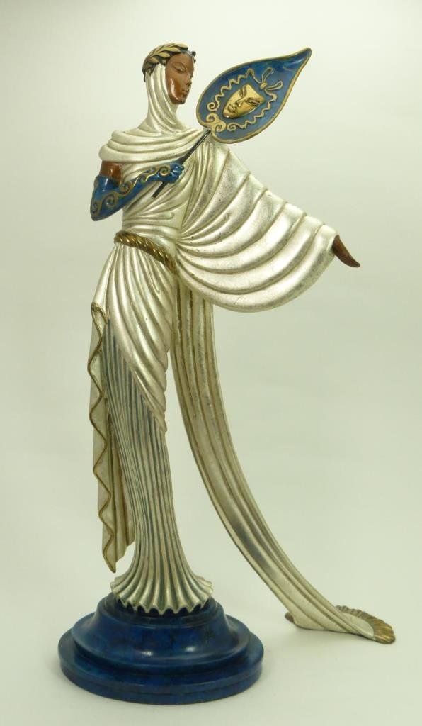 ERTE ART DECO BRONZE SCULPTURE "TANAGRA": Erte says "Tanagra -- This beautiful lady tries to hide her face behind a mask". Based on a costume Erte did for the 1940 "Phiphi" worn by the French actress Madame Phigas. 23K White-Gold leaf. Limite