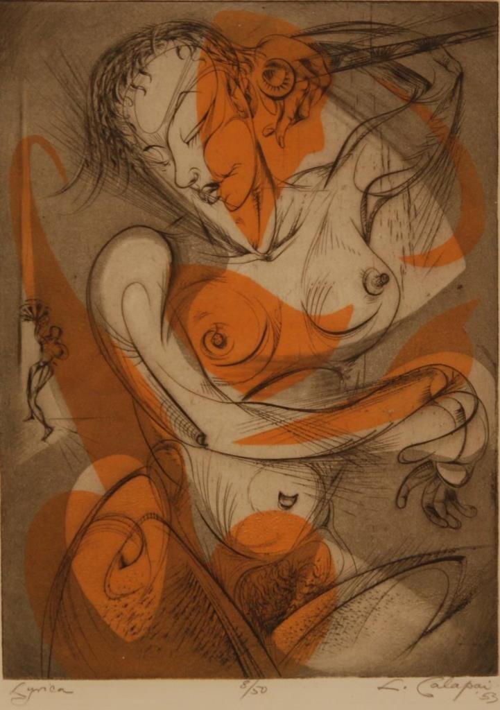 CHRISTOPHER L CALAPARI LITHOGRAPH 1953: CHRISTOPHER L CALAPARI LITHOGRAPH 1953 Abstract lithograph no 8/50. Measures 8" x 11" + 3" mat & frame (20.32cm x 27.94cm). Mid century American expressionist painter.