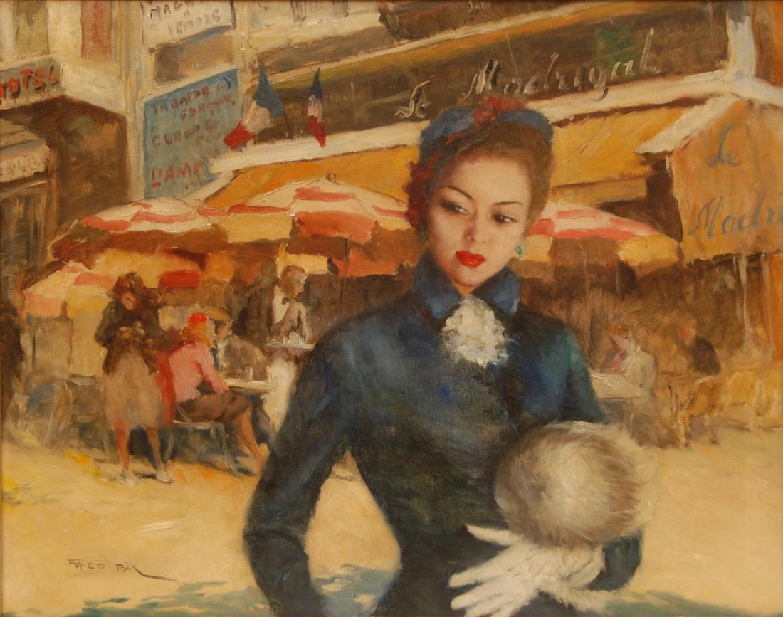 PAL FRIED 1893-1976 OIL/CANVAS AMERICAN/HUNGARIAN: PAL FRIED 1893-1976 OIL ON CANVAS AMERICAN/HUNGARIAN Large painting from the highly listed Hungarian artist Pal Fried depicting an elegant woman walking through a cafe. Signed lower left. Measures 23"