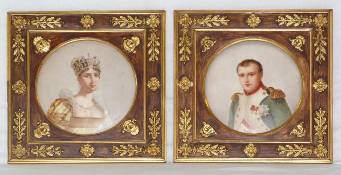 PR ANT H/P LIMOGES PLAQUES NAPOLEON & JOSEPHINE: PR ANTIQUE HAND PAINTED LIMOGES FRENCH PLAQUES NAPOLEON & JOSEPHINE. Each plaque measures 5" across (12.7cm) and comes beautifully framed in a 8" (20.32cm) gold gilt frame. Both plaques are signed O B