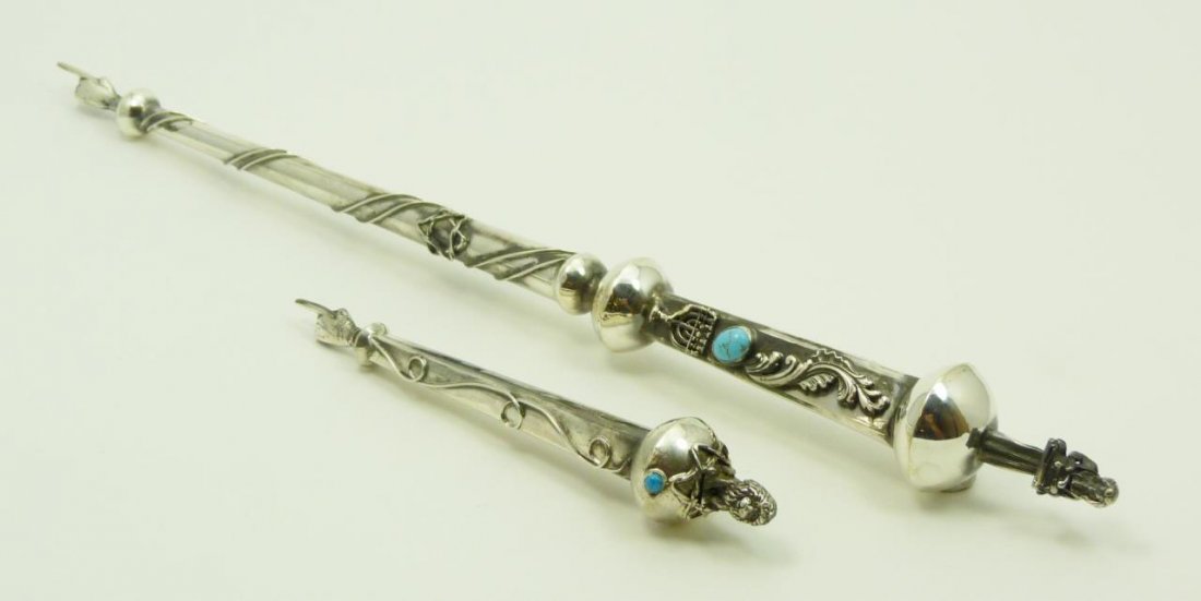 2 ANTIQUE RUSSIAN STERLING TORAH YADS: 2 ANTIQUE RUSSIAN STERLING TORAH YADS Largest being 13" long (33.02cm) with turquoise and menorah motif. Total weight of lot 64g. Hallmarked with 84 artist name O.C.1879