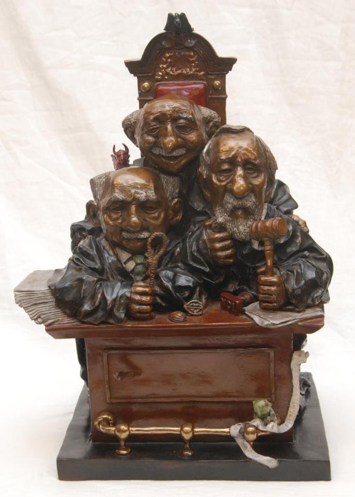 CHARLES BRAGG BRONZE 'COURT OF APPEALS': Charles Bragg (AMERICAN, 1931) bronze sculpture depicting three judges sitting in a chair with guillotine back and podium stand. Small devils with skulls in a bucket can be seen behind the stand. Titl