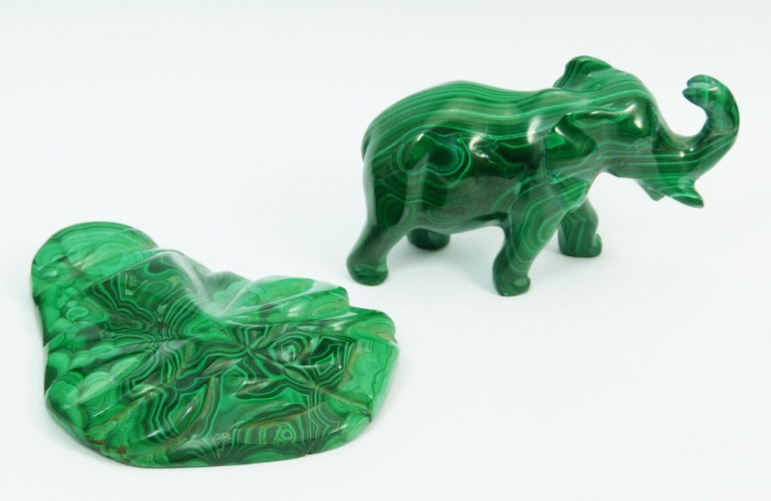 MALACHITE ELEPHANT AND MAYAN MASK: A lot of carved malachite items including an elephant and a Mayan mask. Largest measures 3 3/8" length (8.5cm). Total weight of 242 grams.