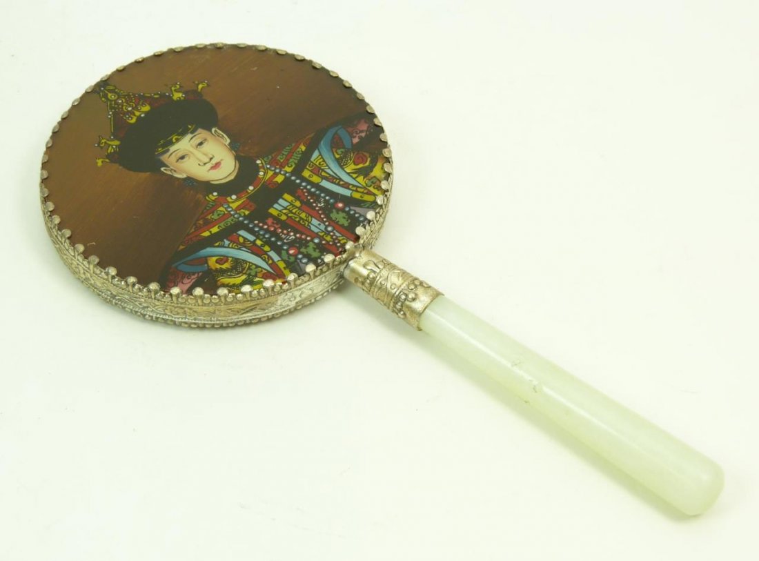 CONTEMPORARY JADE CHINESE HAND MIRROR: CONTEMPORARY JADE CHINESE HAND MIRROR Measuring 7" long (17.78cm) with hand painted image of an Emperor. Total weight 107g