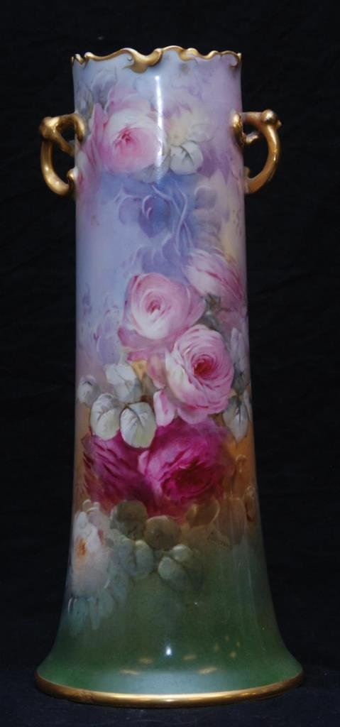 FABULOUS ANTIQUE LIMOGES LARGE HAND PAINTED VASE: FABULOUS ANTIQUE LIMOGES LARGE HAND PAINTED VASE By the William Guerin Co Circa early 1900's This 15" tall (38.1cm) vase is hand painted with cabbage roses. Artist signed Coumondic. With 2 gold handle